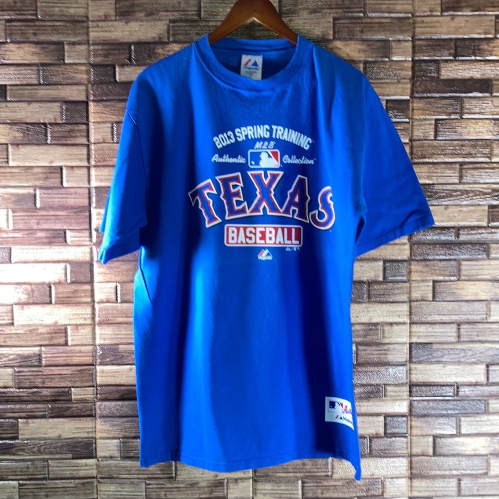 Mens Medium EUC Blue Majestic 2013 Texas Rangers Spring Training T Shirt